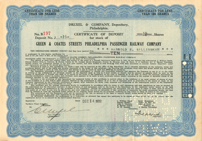 Green and Coates Streets Philadelphia Passenger Railway Co. - Stock Certificate